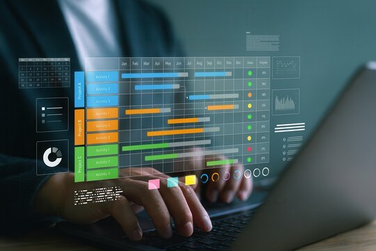 Business project management dashboard with digital Gantt chart, schedule timeline planning, task tracking, performance progress analysis, data visualization technology for corporate strategy and workf
