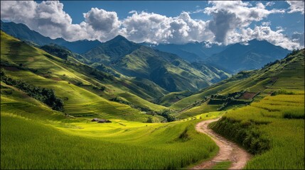Fototapeta premium The image you sent features a stunning landscape of terraced rice paddies nestled amidst rolling mountains