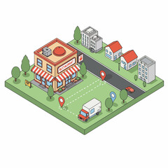 Isometric Pixel Art Delivery Truck Route To Store Location Illustration