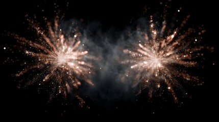 Fototapeta premium Two symmetrical bursts of bright orange fireworks explode against a dark night sky with smoke