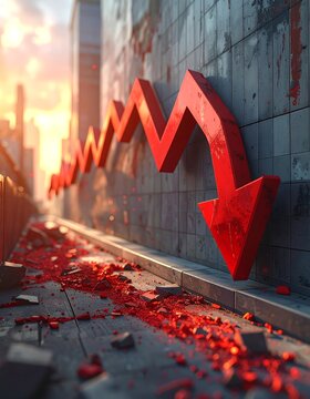 Red arrow signifying decline leans against a crumbling urban wall