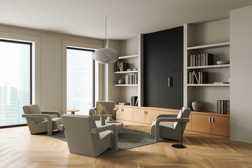 Modern minimalist reading lounge with elegant furniture, wooden flooring, built-in shelving, and city view windows in neutral tones. 3D Rendering