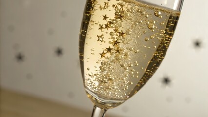Creative Launch Party Concept. A sparkling glass of champagne with bubbles against a festive background.