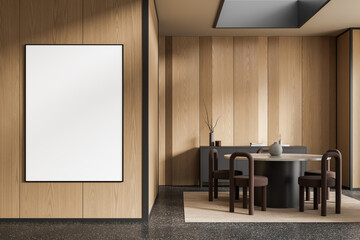 Modern dining room interior with vertical wood panel walls, elegant round table, and blank poster mockup on wall for design presentation. 3D Rendering