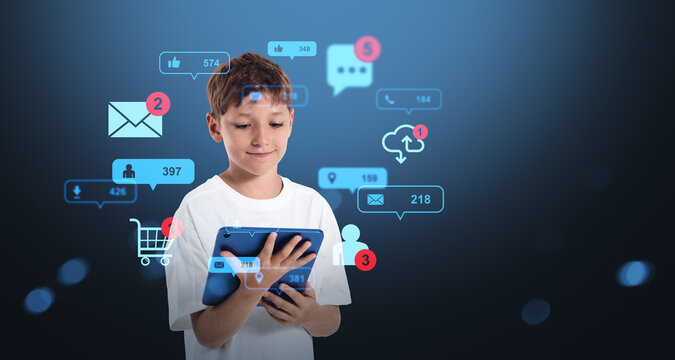 Kid using tablet with social media and technology icons around h - Powered by Adobe