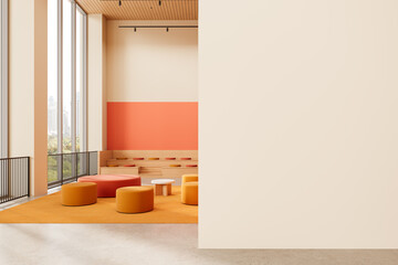 Modern interior with empty beige wall and colorful seating area in bright minimalist architecture for creative poster or wall mockup presentation. 3D Rendering