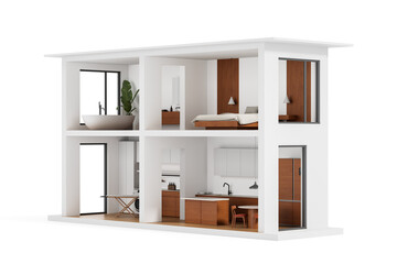 Modern minimalistic house interior cross-section with kitchen, bedroom, and bathroom design concept in clean architectural 3D rendering style. 3D Rendering