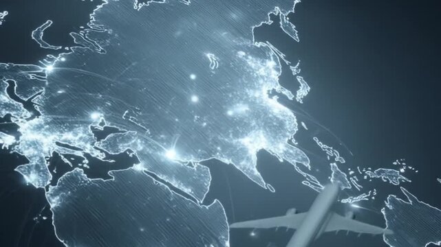 Abstract digital world map with connected lines and glowing dots