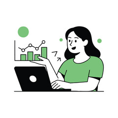 Vector art of a woman is presenting a business chart on a tablet while working on a laptop, she is smiling and pointing to the chart with her hand