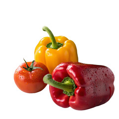 Red and yellow bell peppers and a tomato isolated on transparent background