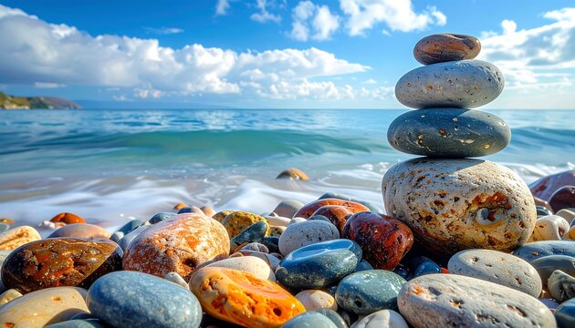 Colorful stones balanced on the beach with ocean waves