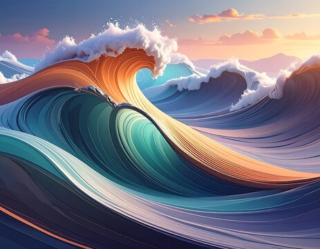 Colorful, stylized ocean waves at sunset