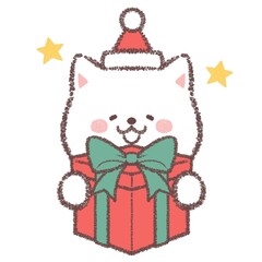クリスマスプレゼントをもらって喜ぶ白柴犬