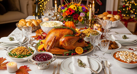 Festive thanksgiving dinner table setting with turkey and side dishes