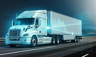 Futuristic Autonomous Truck With Holographic Wireframe Overlay On Highway semi-trailer - Powered by Adobe
