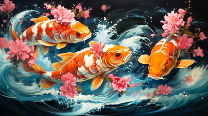 A painting of a school of bright red koi fish swimming in nature.