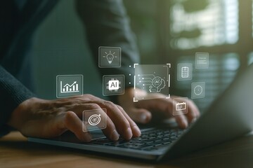 Artificial intelligence technology with business innovation, AI digital transformation, data analytics solutions, machine learning system, productivity optimization and corporate future strategy devel