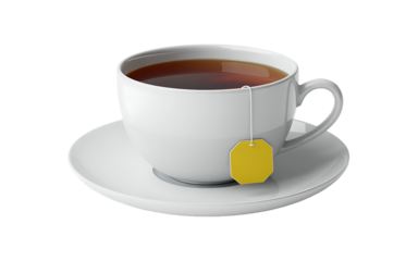 A white teacup and saucer with a tea bag, filled with dark tea, isolated on transparent background the cup is full and ready to drink, offering a warm and comforting beverage
