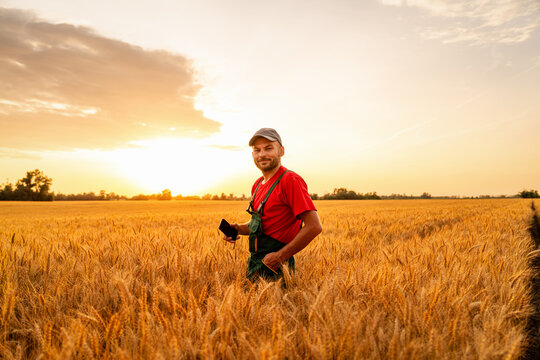 Male farmer standing in wheat field at sunset