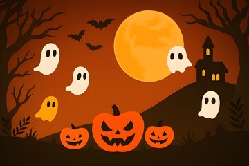 Spooky Halloween Night Scene with Pumpkins, Ghosts, and Full Moon – Haunted Holiday Illustration
