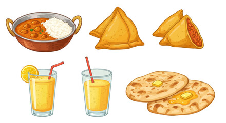 A delightful assortment of Indian food items, including curry, samosas, naan bread, and refreshing drinks, perfect for culinary and graphic design projects