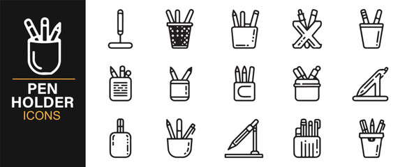 Modern outline pen holder vector collection – writing tools, desk accessories, and storage symbols