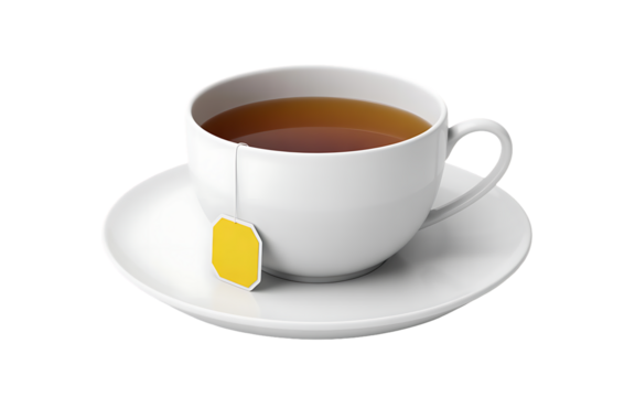 A white teacup and saucer with a tea bag, filled with dark tea, isolated on transparent background the cup is full and ready to drink, offering a warm and comforting beverage