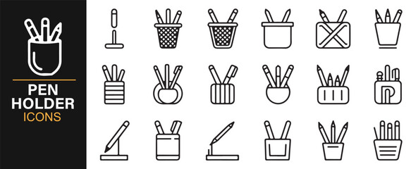 Line art pen holder icon set – office desk organizer and stationery container illustrations