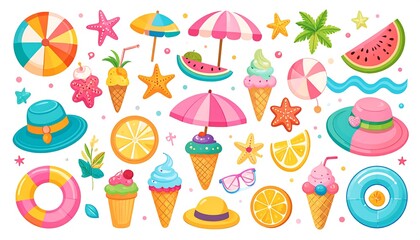 Fototapeta premium Colorful summer collection of cartoon beach elements