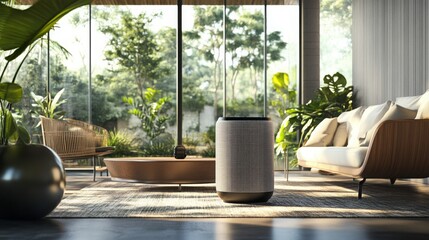 Modern living room with lush greenery and stylish furniture creating a serene atmosphere