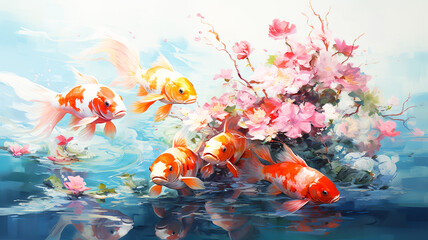 A painting of a school of fresh koi fish and colorful flowers in a river and stream.