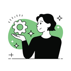 Vector art of woman holding gear with stars, concept of technology, engineering, and problemsolving in the modern world