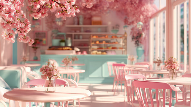 A bright pastel pink cafe scene featuring blooming cherry blossoms, mint countertops, and pink chairs. Small vases on tables create a cozy, inviting atmosphere ideal for lifestyle and food photography