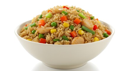 Chinese fried rice in a porcelain bowl, colorful vegetables, steam rising, elegant plating, side view, white background."