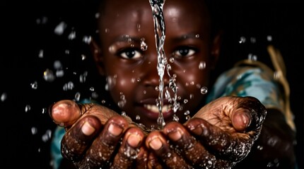 Close-up of Water Pouring in African Child's Hands on dark background.
