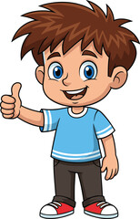 Cartoon boy thumbs up, smiling child character, cheerful expression, positive gesture, educational concept, colorful illustration, white background, vector art