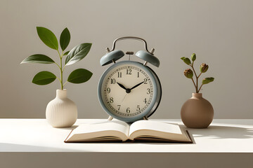 Minimalist still life featuring a vintage blue alarm clock centered between two small ceramic vases holding green plant stems