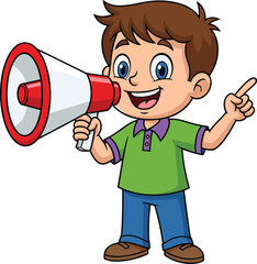 Cartoon boy, megaphone, announcement, cheerful child, public speaking, vector illustration, communication concept, kids education, stock art, white background