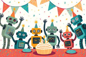 A cheerful and fun 2d depicting a robot birthday party scene.