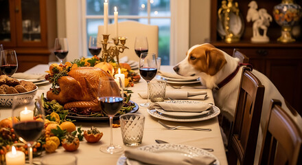 Dog sitting at thanksgiving dinner table with turkey and wine glasses