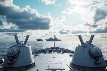 Naval vessels navigate calm waters under a cloudy sky during a military exercise