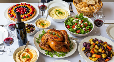 Festive table setting with roasted chicken and various side dishes