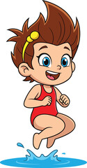 Cartoon child jumping into water, cheerful expression, summer activity, splash motion, playful moment, colorful illustration, white background, vector art