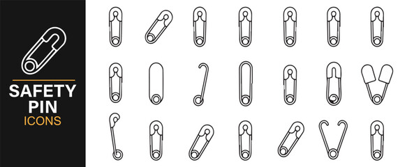 Simple line style safety pin icon collection for tailoring, garment, and accessory themes