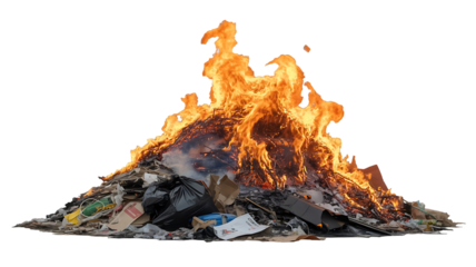 A large bonfire of trash and debris is burning fiercely, creating a towering inferno of flames and smoke isolated on transparent background the fire is consuming various discarded items