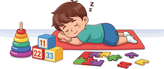 Cartoon child, sleeping pose, red mat, colorful toys, peaceful moment, playroom scene, vector illustration, kids rest, stock art, white background