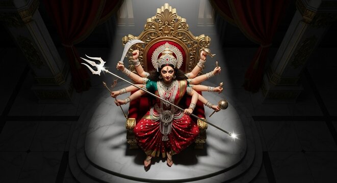 Intricate Hindu Goddess Statue with Multiple Arms Sitting on Ornate Throne in Temple