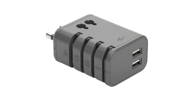 Universal travel adapter with usb ports for charging devices isolated on transparent background