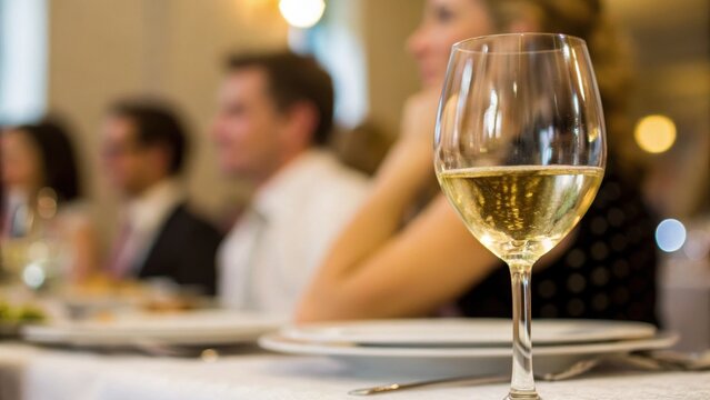 Restaurant Soft Opening Concept. Elegant glass of wine in focus with blurred guests enjoying a meal in the background.