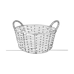 Wicker basket vector line art. Detailed continuous line drawing of traditional woven basket with handles, minimalistic design for rustic, home decor or market illustration.
